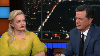 Stephen Colbert challenges champion weeper Elisabeth Moss to a cry-off